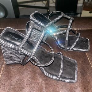 Public desire / dollskill black rhinestone heels with straps